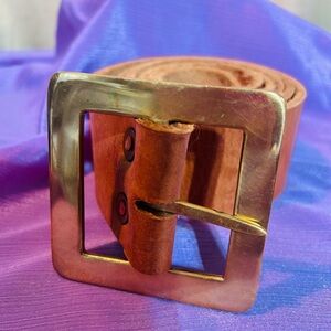 Thick Brown Cow Hide Leather Belt with Brass Buckle 54” In Length